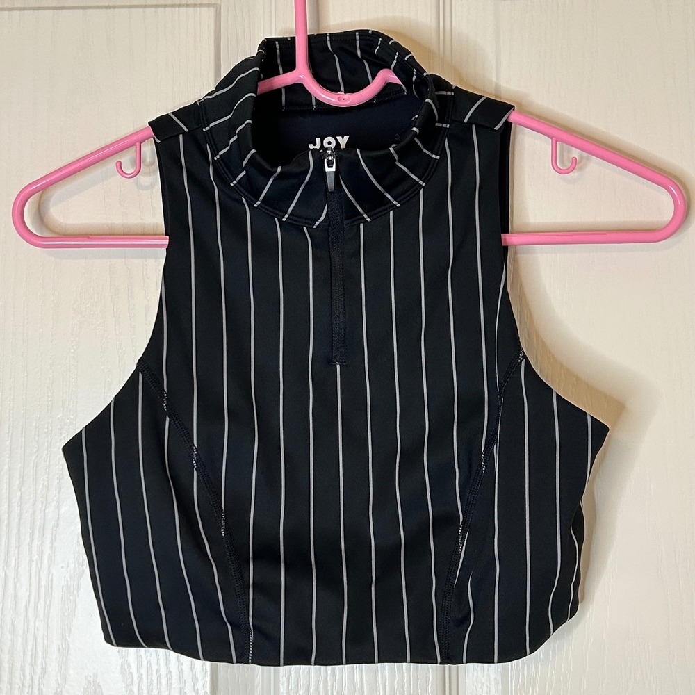 Joy Lab Womens Black Pinstripe Sleeveless Quarter Zip Cropped Athleisure‎ Top M